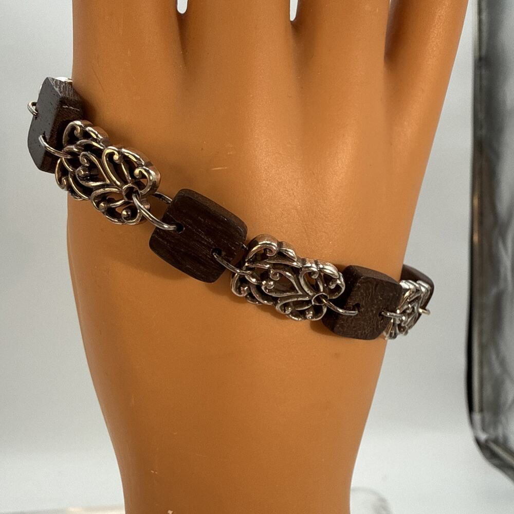 Brighton Katu Bracelet Silver Tone Filigree Brown Wood Bead Link 7”
